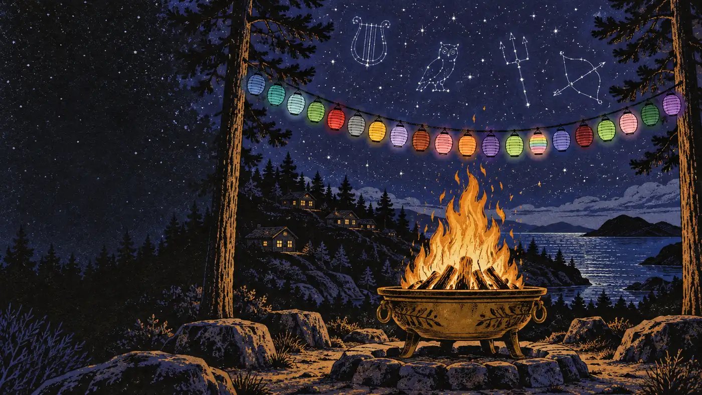 A fire bowl burning at night under a string of twenty coloured paper lanterns and a starry sky