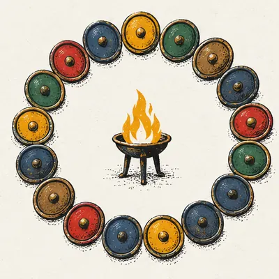 A ring of twenty round shields in different colours around a fire bowl